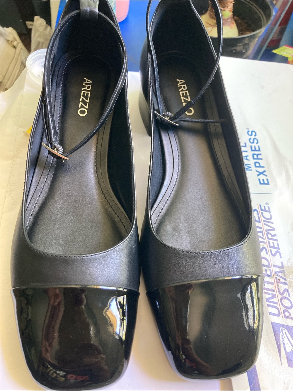 Arezzo Black Patent Cap-Toe Ankle-Strap Heels